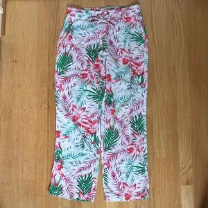Tropical Floral Linen Blend Pants - Pink, Green, White S